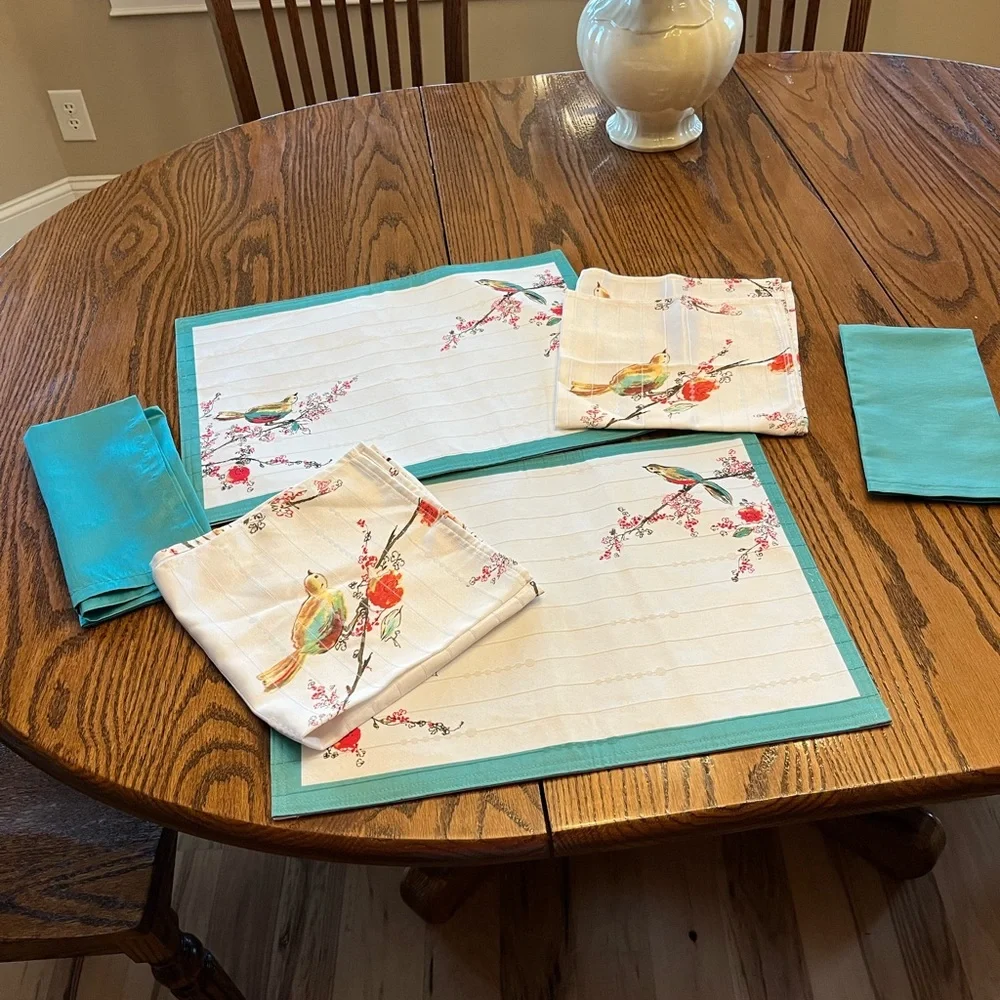 Lenox White Placemats and Napkins with Teal Trim and Multicolor Bird Motif